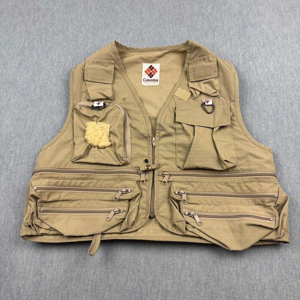 Vintage Columbia Vest Men Extra Large Brown Multi Pocket Fishing Utility Outdoor